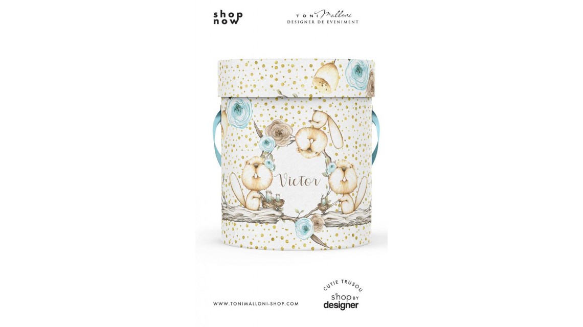 Cutie rotunda personalizata din mucava pentru trusou botez baieti Domnul Castor 1